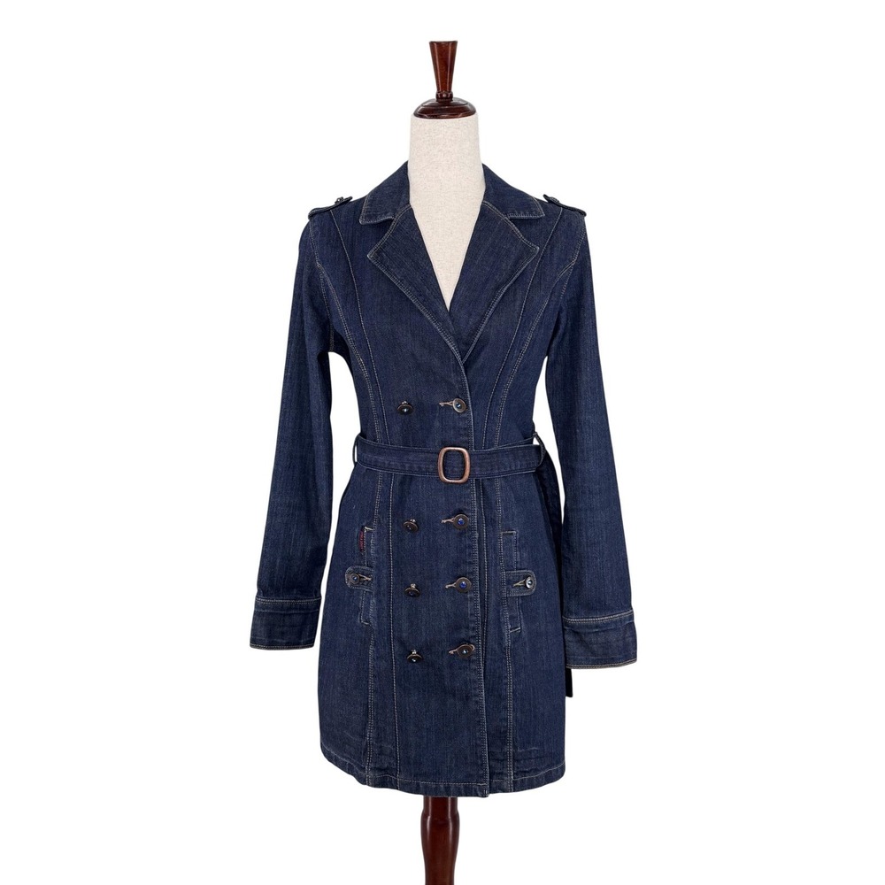 Jou Jou Premium Denim Jacket Belted Double Breasted Rhinestone Buttons‎ Y2K M
